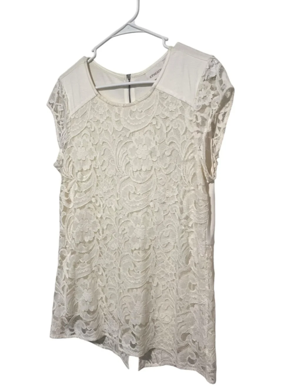 Chico's Lace Overlay Top Women’s Small 0 Cream Lined Zipper Back Cottagecore